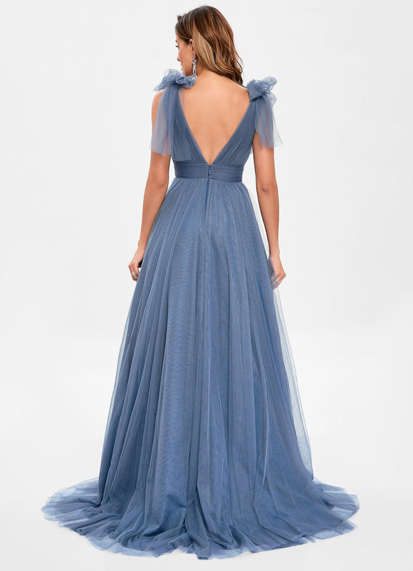 Robe Pastel Bleu Col V Traîne Tulle - gallery 2
