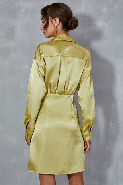 Robe Pastel Vert Citron Col Montant Satin - gallery 3