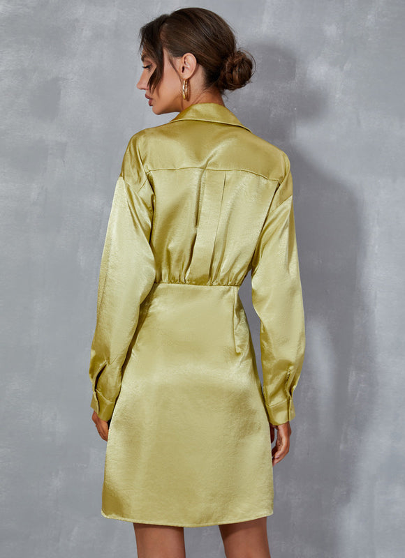 Robe Pastel Vert Citron Col Montant Satin - gallery 3