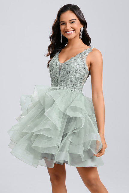 Robe Pastel Verte Col V Tulle Dentelle - gallery 3