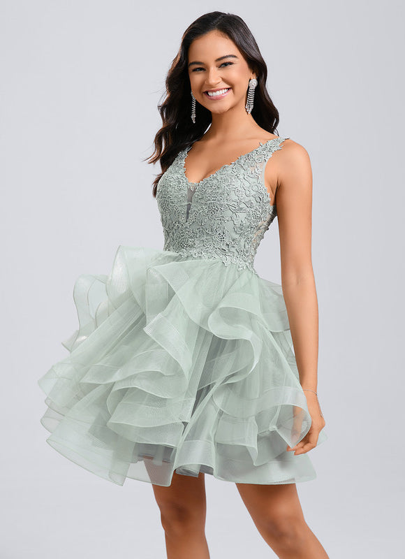 Robe Pastel Verte Col V Tulle Dentelle - gallery 3