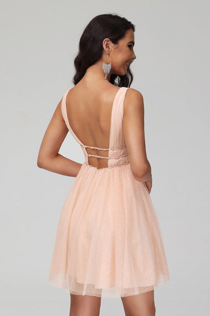 Robe Pastel Rose Trapèze Col V Tulle - gallery 6