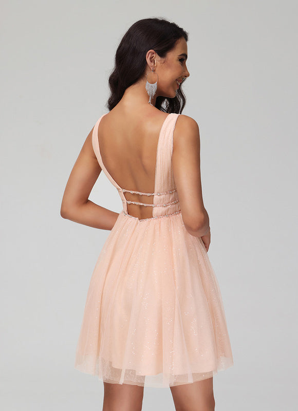 Robe Pastel Rose Trapèze Col V Tulle - gallery 6