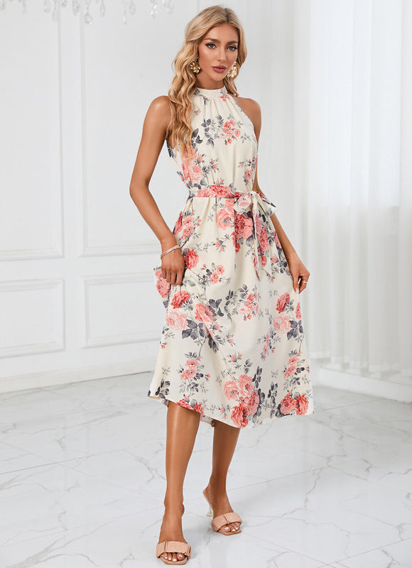 Robe Pastel Verte Imprimée Fleuri Midi - gallery 1