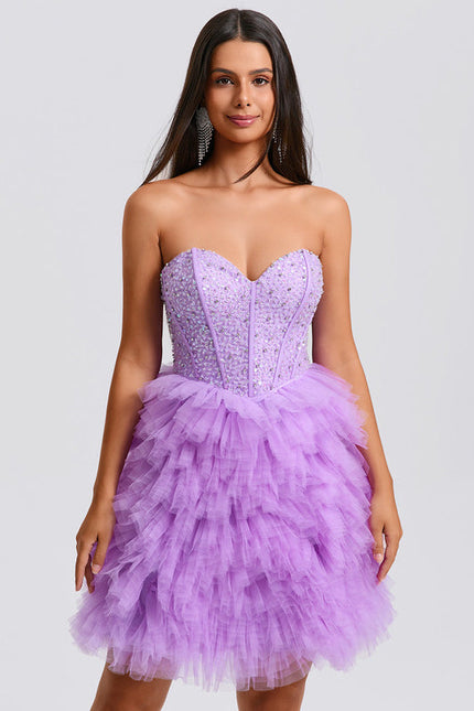 Robe Pastel Violet Paillettes Tulle Court - gallery 1
