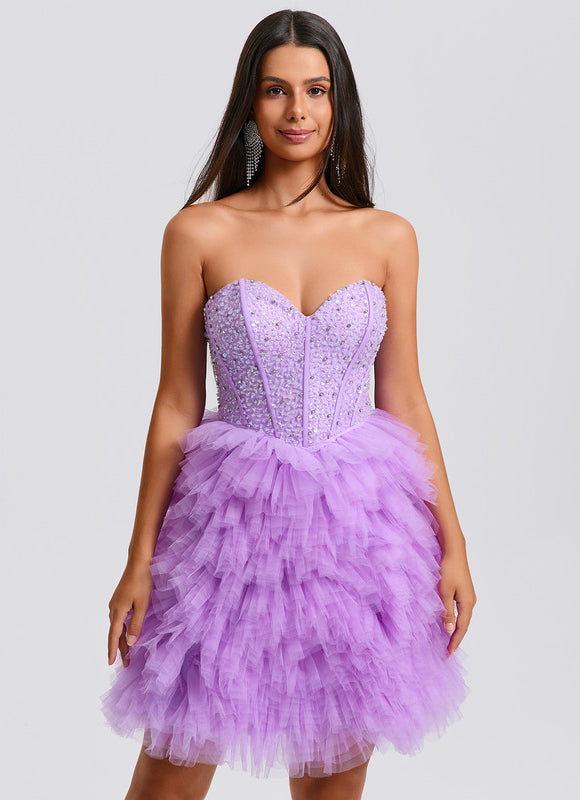 Robe Pastel Violet Paillettes Tulle Court - gallery 1