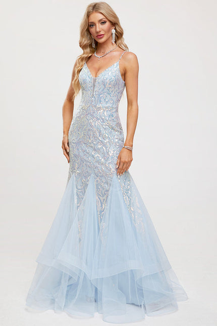 Robe Pastel Bleu Sirène Traîne Pailletée - gallery 5