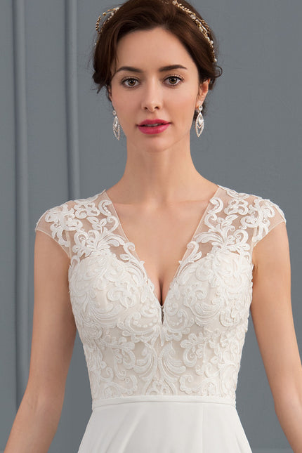 Robe Pastel Blanche Col V Traîne Dentelle - gallery 4