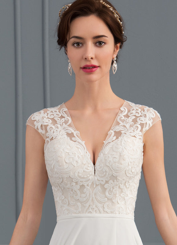 Robe Pastel Blanche Col V Traîne Dentelle - gallery 4