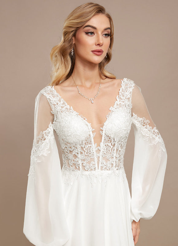 Robe Pastel Blanche Col V Traîne Dentelle - gallery 4