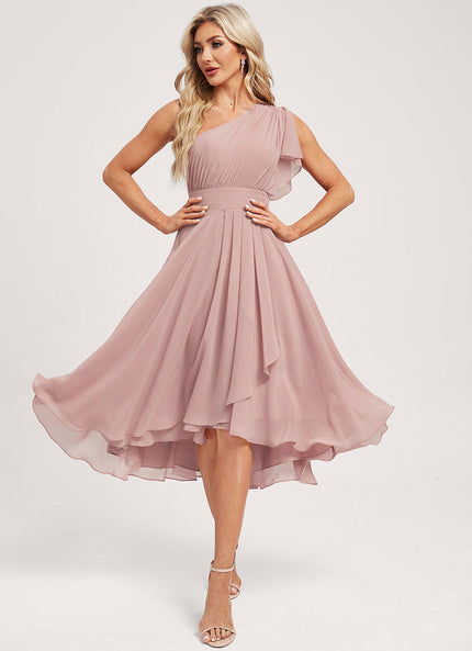 Robe Pastel Rose Décolleté Asymétrique Volants