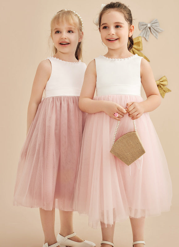 Robe Pastel Rose Satin Tulle Mariage Fille - gallery 7