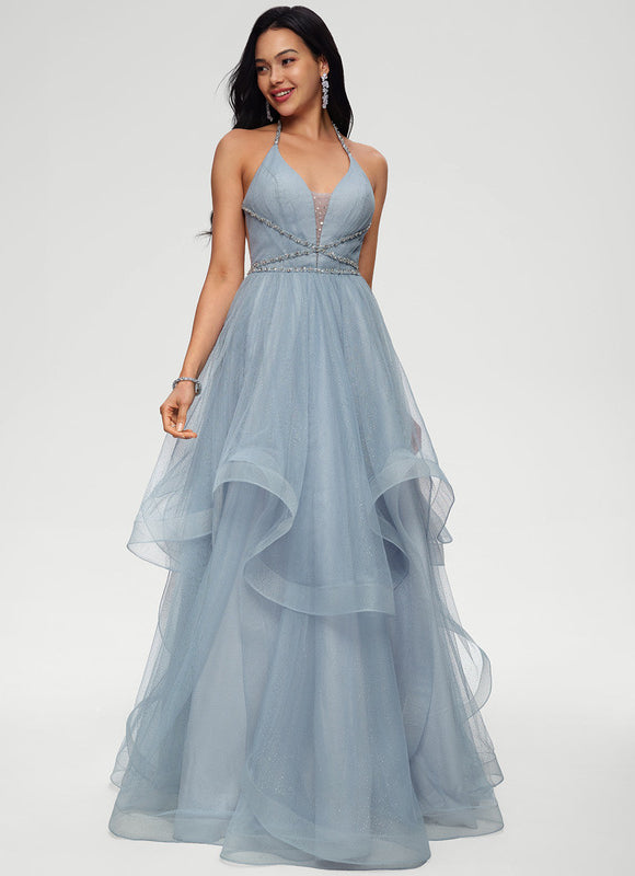 Robe Pastel Bleu Col V Tulle Bal - gallery 2