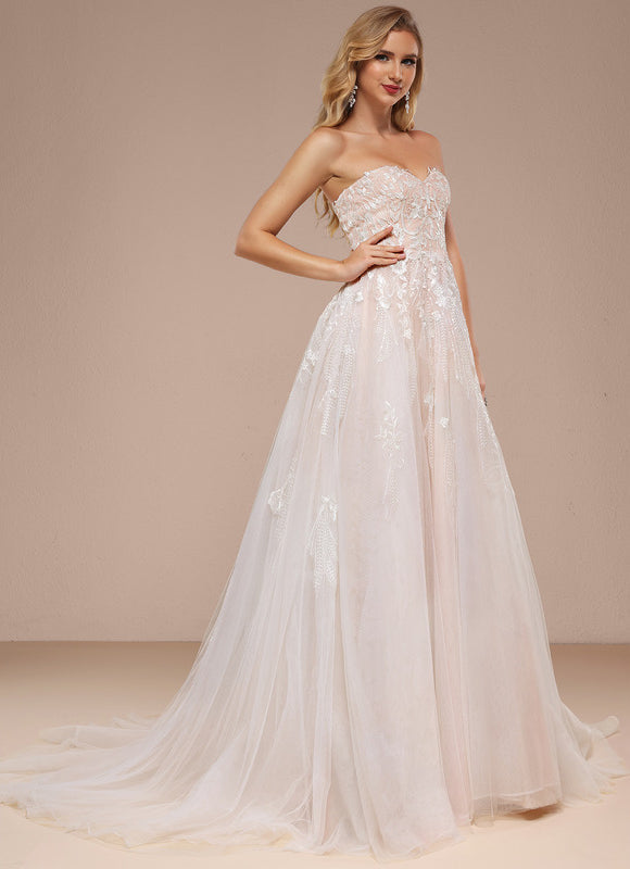 Robe Pastel Rose Épaules Dénudées Traîne Longue - gallery 5
