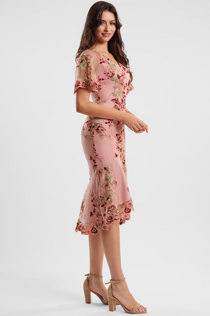 Robe Pastel Rose Col V Dentelle Florale - gallery 3