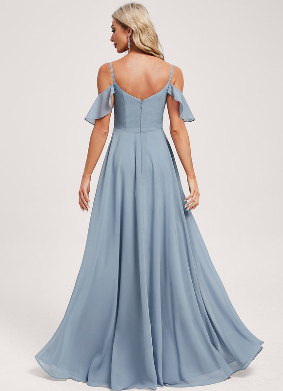Robe Pastel Bleu Décolleté Épaules Volants - gallery 4