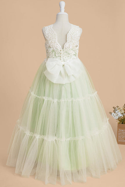 Robe Pastel Verte Col V Dentelle Enfant - gallery 3