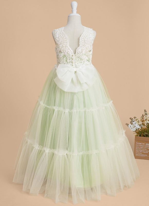 Robe Pastel Verte Col V Dentelle Enfant - gallery 3