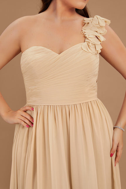 Robe Pastel Beige Décolleté Asymétrique Florale - gallery 6