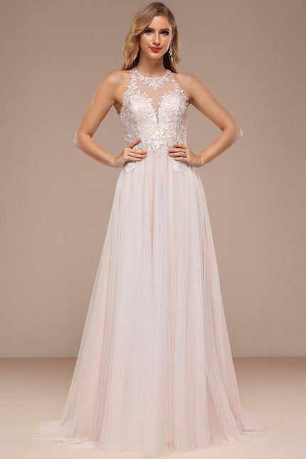Robe Pastel Rose Traîne Dentelle Paillettes - gallery 2