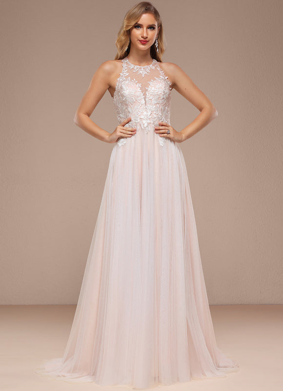 Robe Pastel Rose Traîne Dentelle Paillettes - gallery 2