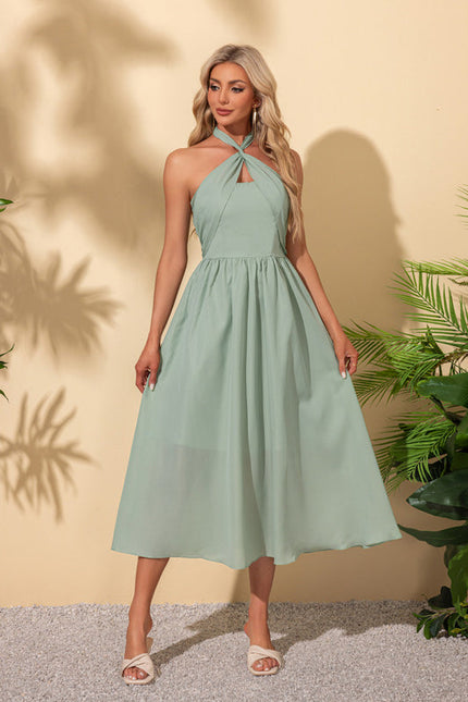 Robe Pastel Verte Trapèze Licou Midi - gallery 4