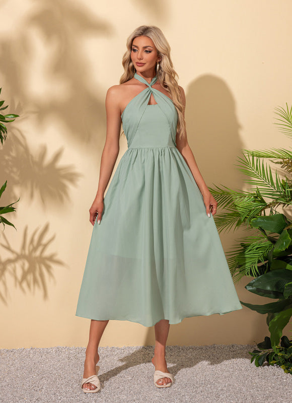 Robe Pastel Verte Trapèze Licou Midi - gallery 4