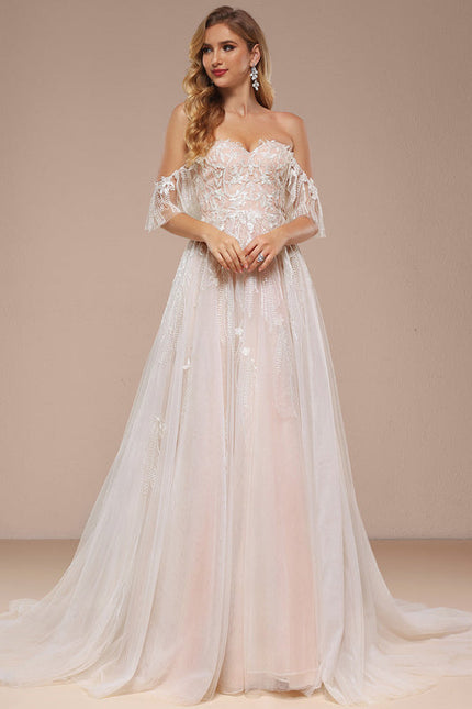 Robe Pastel Rose Épaules Dénudées Traîne Longue - gallery 1