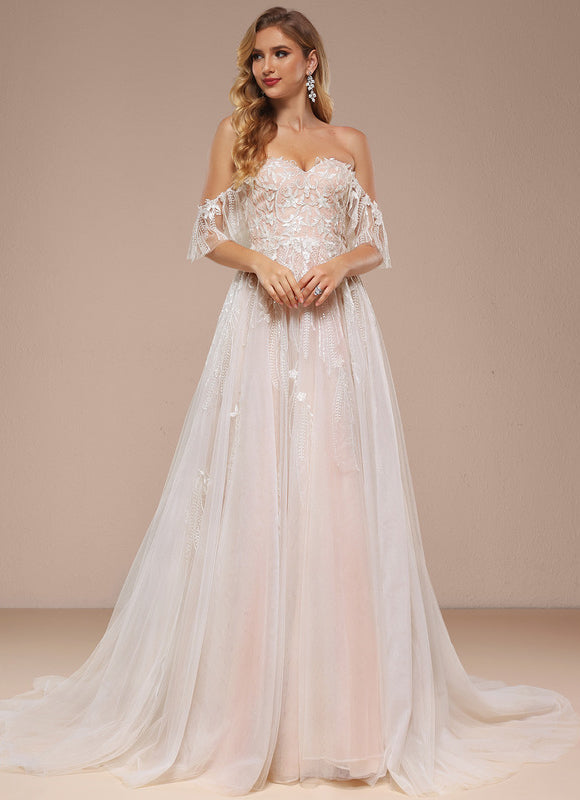 Robe Pastel Rose Épaules Dénudées Traîne Longue - gallery 1