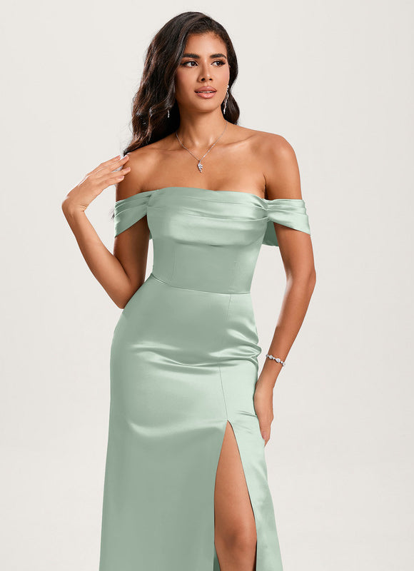Robe Pastel Verte Sirène Épaule Dénudée - gallery 4