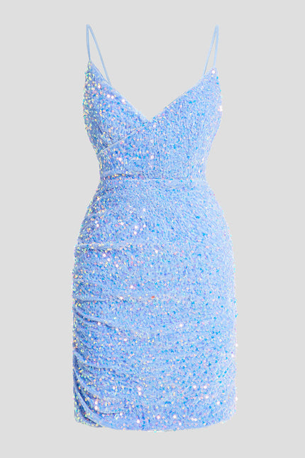 Robe Pastel Bleu Pailleté Mini Fourreau