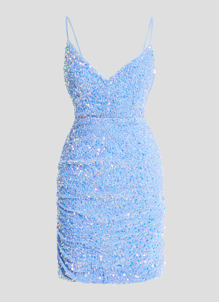 Robe Pastel Bleu Pailleté Mini Fourreau