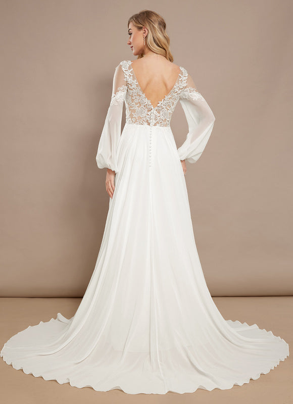 Robe Pastel Blanche Col V Traîne Dentelle - gallery 6