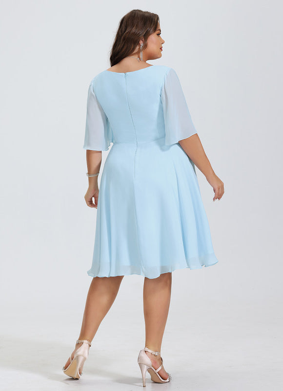 Robe Pastel Bleu Col V Mousseline Genou - gallery 8