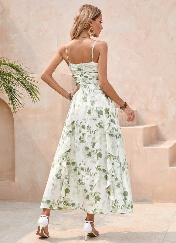 Robe Pastel Verte Fleurie Satin Maxi - gallery 2