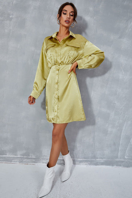 Robe Pastel Vert Citron Col Montant Satin - gallery 2