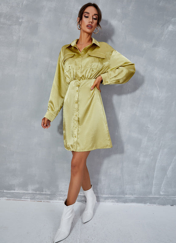 Robe Pastel Vert Citron Col Montant Satin - gallery 2