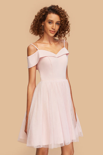 Robe Pastel Rose Épaule Dénudée Crêpe Tulle - gallery 3