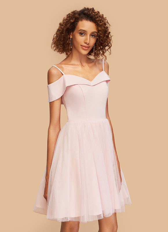Robe Pastel Rose Épaule Dénudée Crêpe Tulle - gallery 3