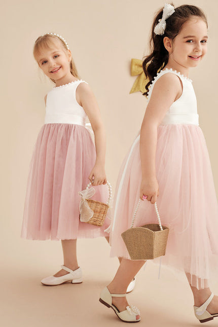 Robe Pastel Rose Satin Tulle Mariage Fille - gallery 5