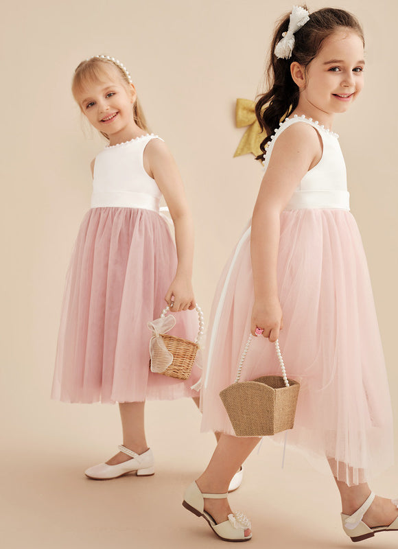Robe Pastel Rose Satin Tulle Mariage Fille - gallery 5