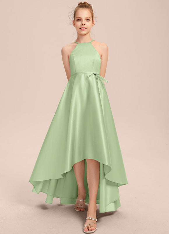 Robe Pastel Satin Bleu-Vert Trapèze Asiatique - gallery 2