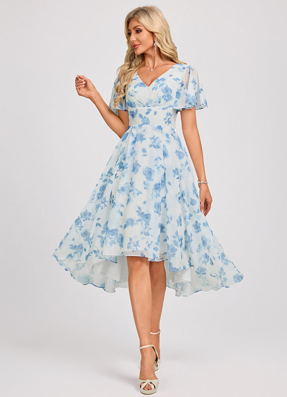 Robe Pastel Bleu Asymétrique Col V Volants - gallery 2