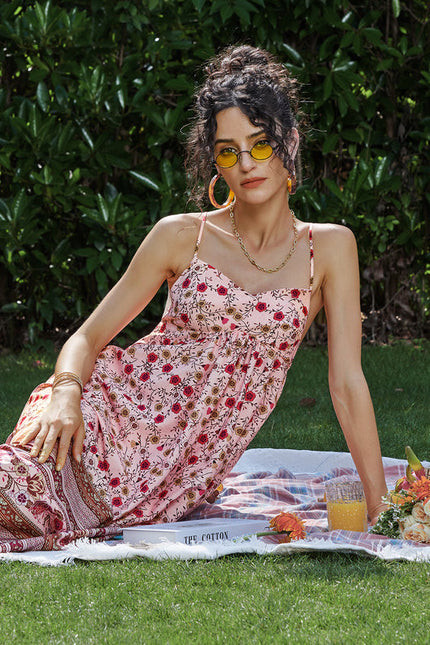 Robe Pastel Rose Imprimé Fleuri Maxi