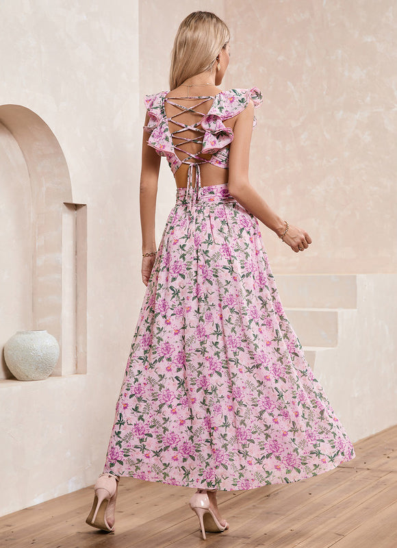 Robe Pastel Imprimé Fleurs Rose Maxi - gallery 2