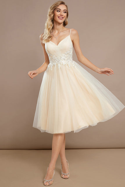 Robe Pastel Beige Trapèze Col V Genoux - gallery 3