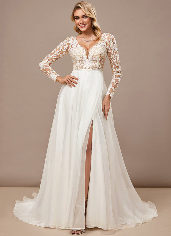 Robe Pastel Blanche Traîne Dentelle Élégante - gallery 4
