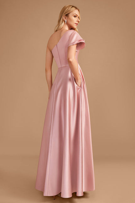 Robe Pastel Rose Décolleté Asymétrique Satin - gallery 4