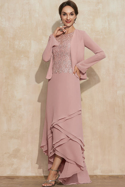 Robe Pastel Rose Trapèze Dentelle Asymétrique - gallery 1