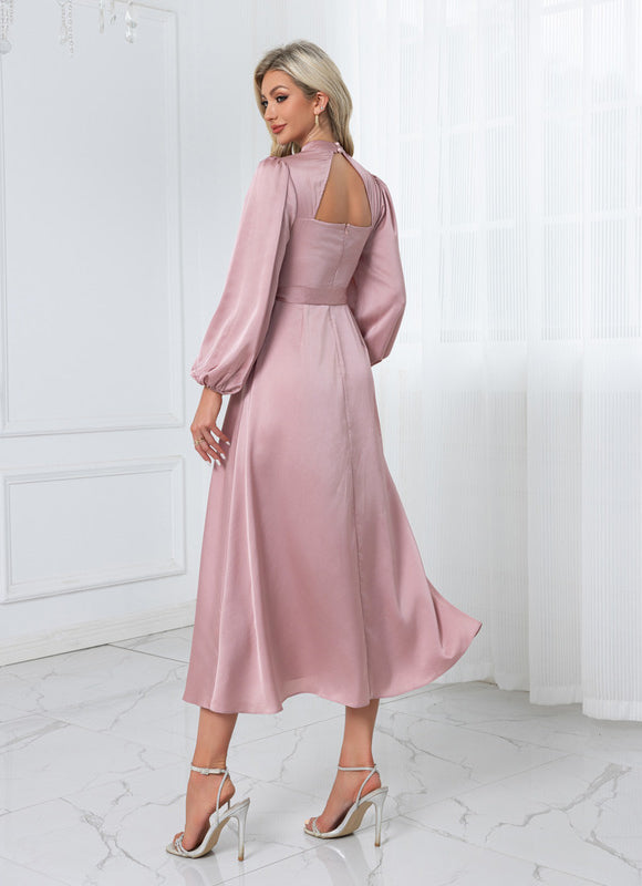 Robe Pastel Rose Satin Col Montant - gallery 2